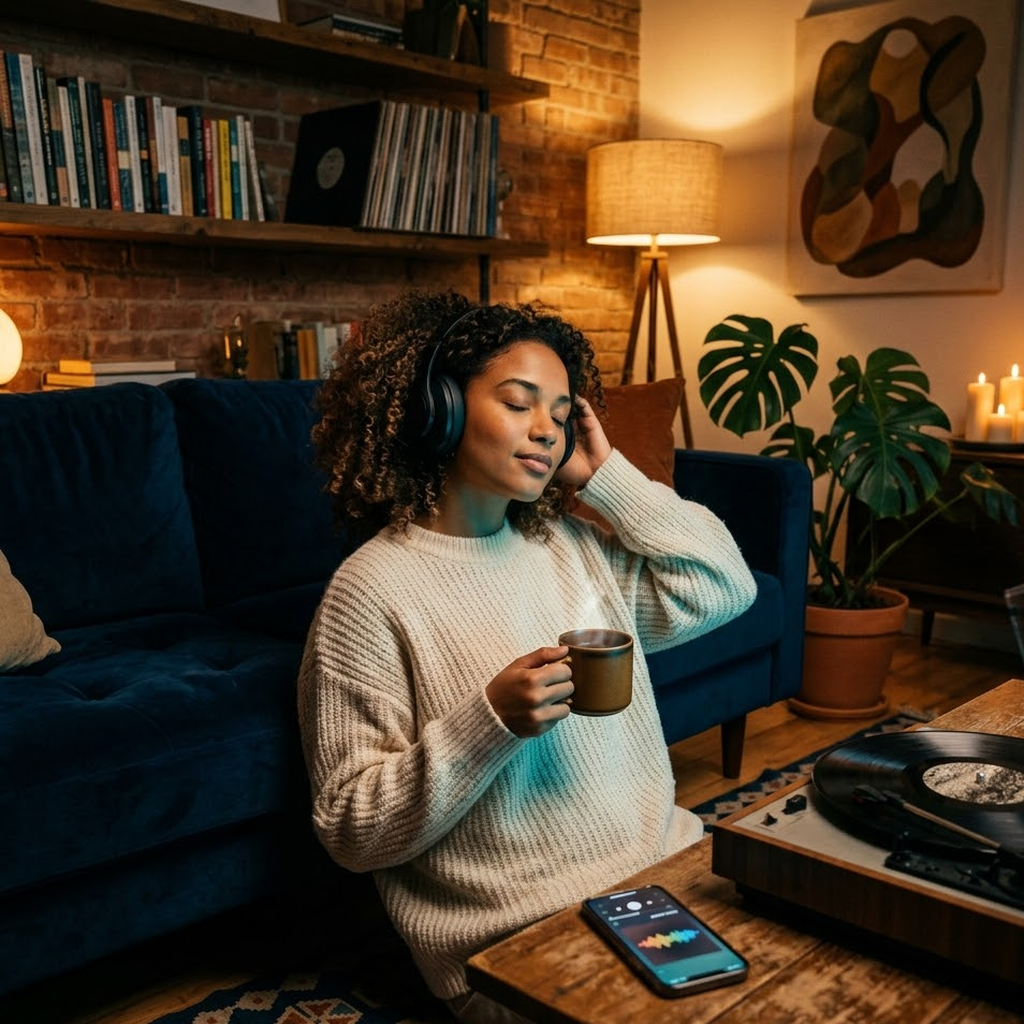 Woman listening to music with headphones in a cosy living room